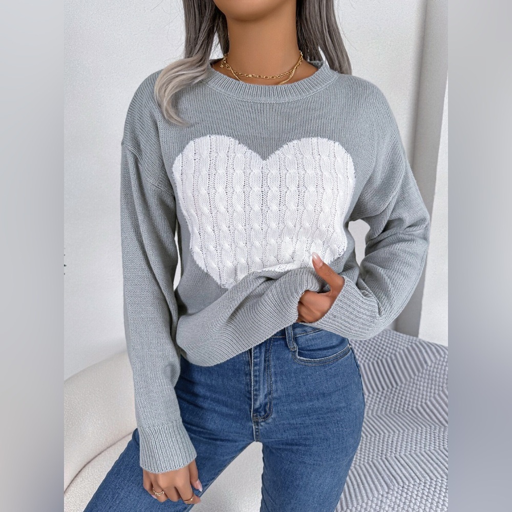 Cable Knit Heart Round Neck Sweater